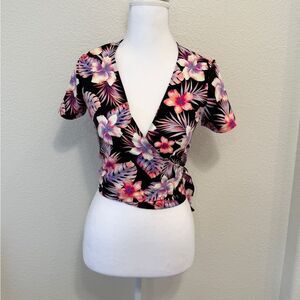 Victoria's Secret PINK Tropical Floral Wrap Top‎ XS Black Pink Hibiscus